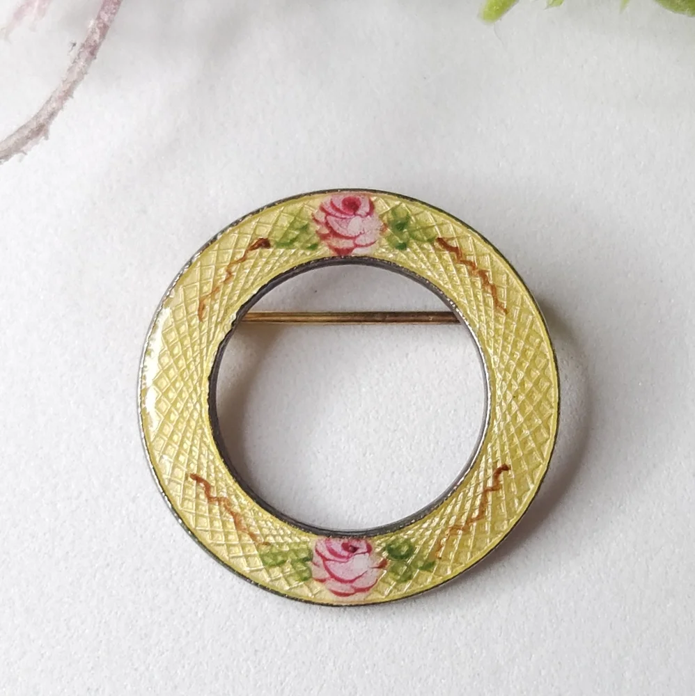 Vintage Guilloche Pink & Yellow FORGET ME NOT Rose Round Brooch